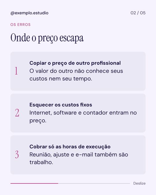 Slide 2: onde o preço escapa, com três erros numerados